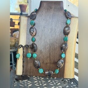 Cherry Blossom Jasper and Turquoise Howlite Necklace and Earring Set-Handmade